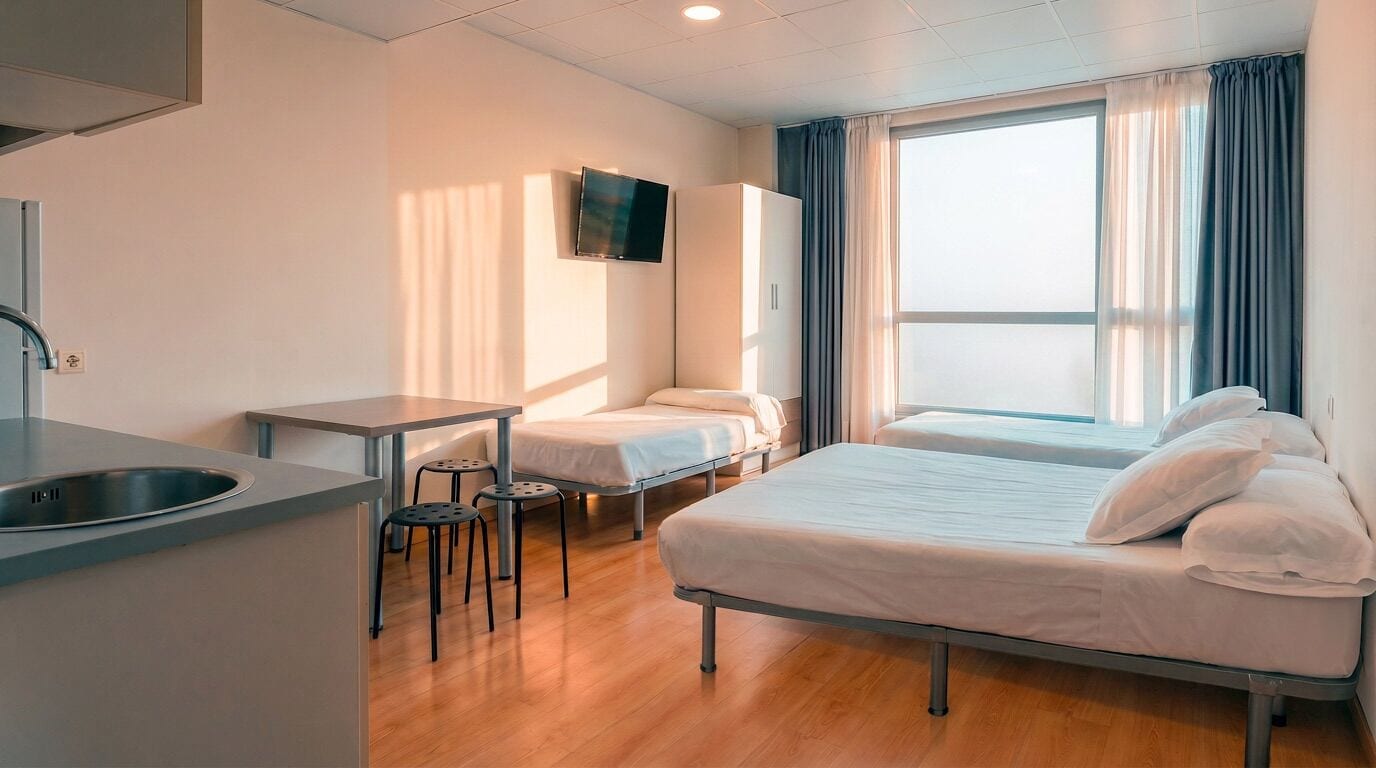 A hotel room with a kitchenette, two single beds, a TV, and a large window with curtains.