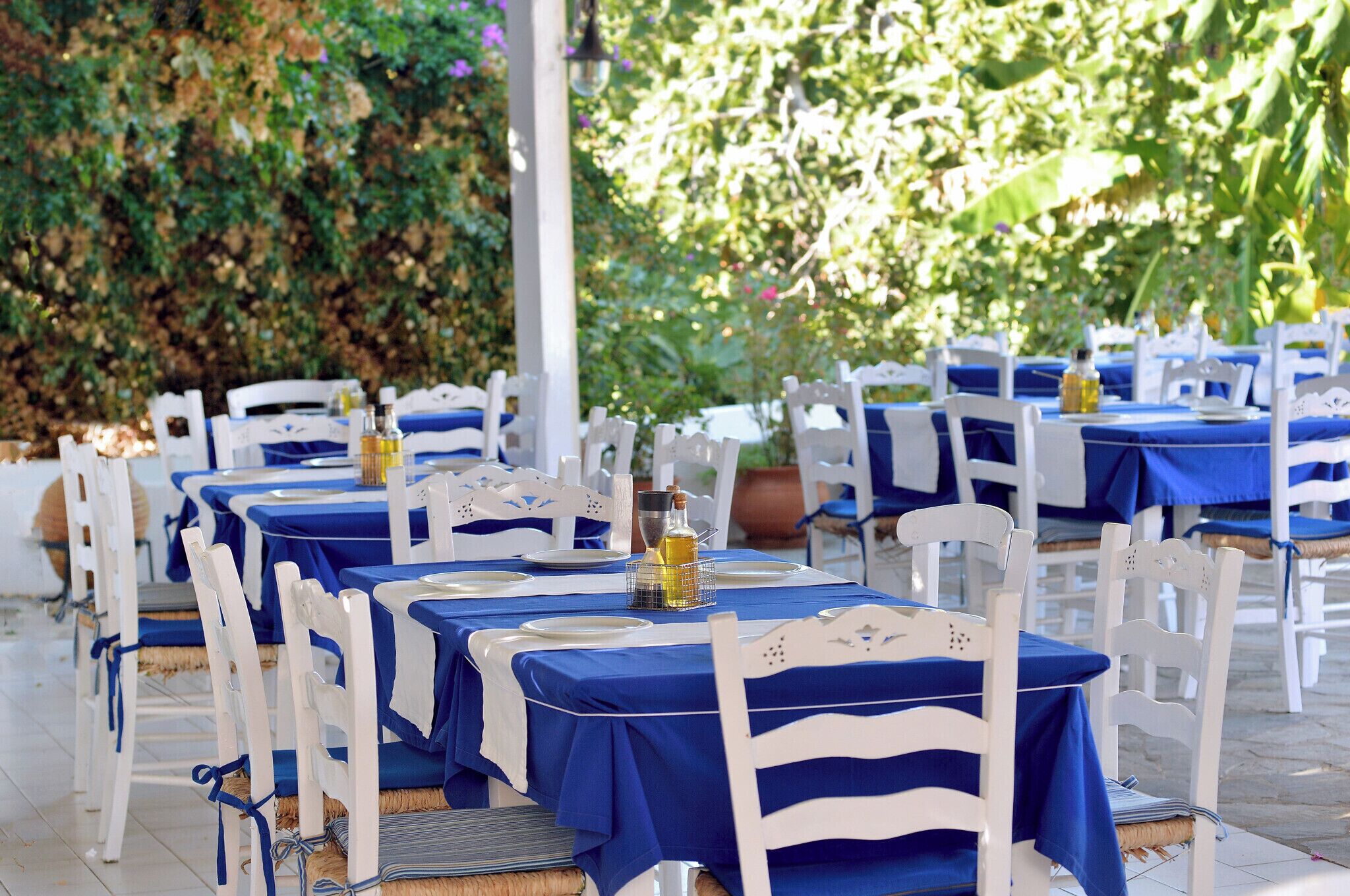 An outdoor dining area with white chairs and tables covered in blue tablecloths.