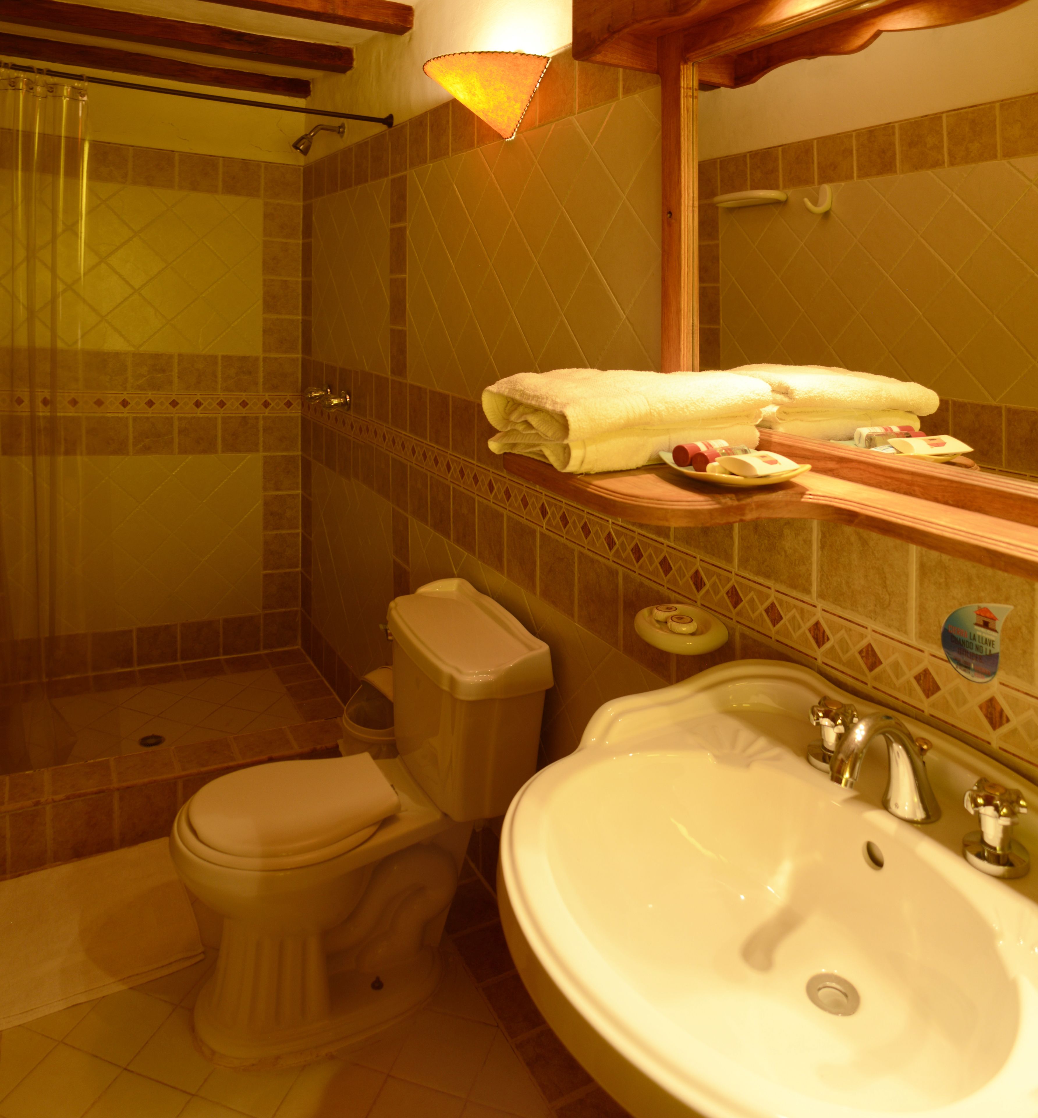 A bathroom with a toilet, sink, and shower.