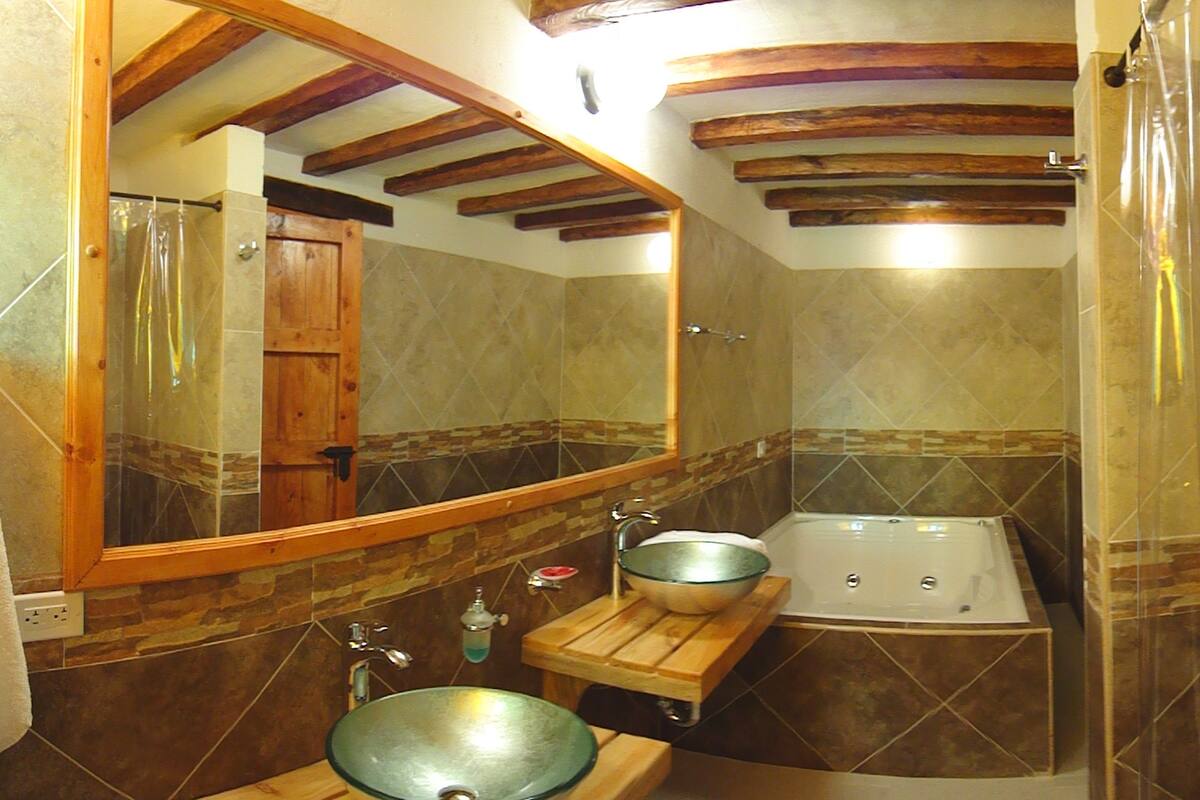 A bathroom with a large mirror, two sinks, a bathtub, and a shower curtain.