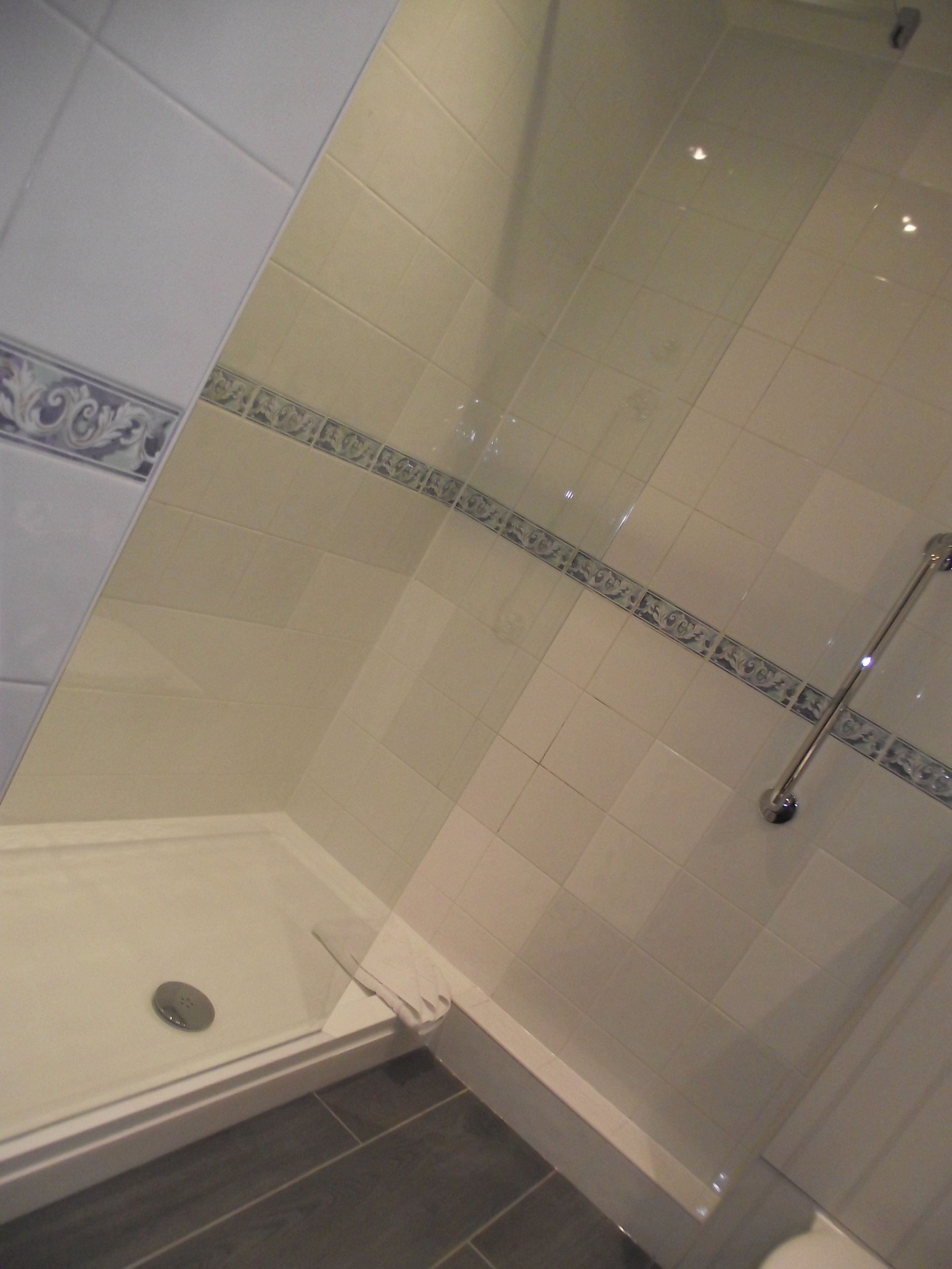 Ducha con cerramiento de vidrio, base blanca y pared con azulejos y un borde decorativo.