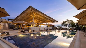 Outdoor pool, pool umbrellas, pool loungers