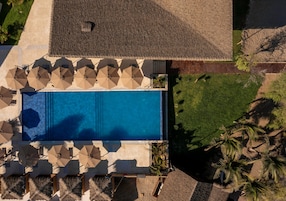 Vista aérea de una piscina rodeada de sombrillas y palmeras.
