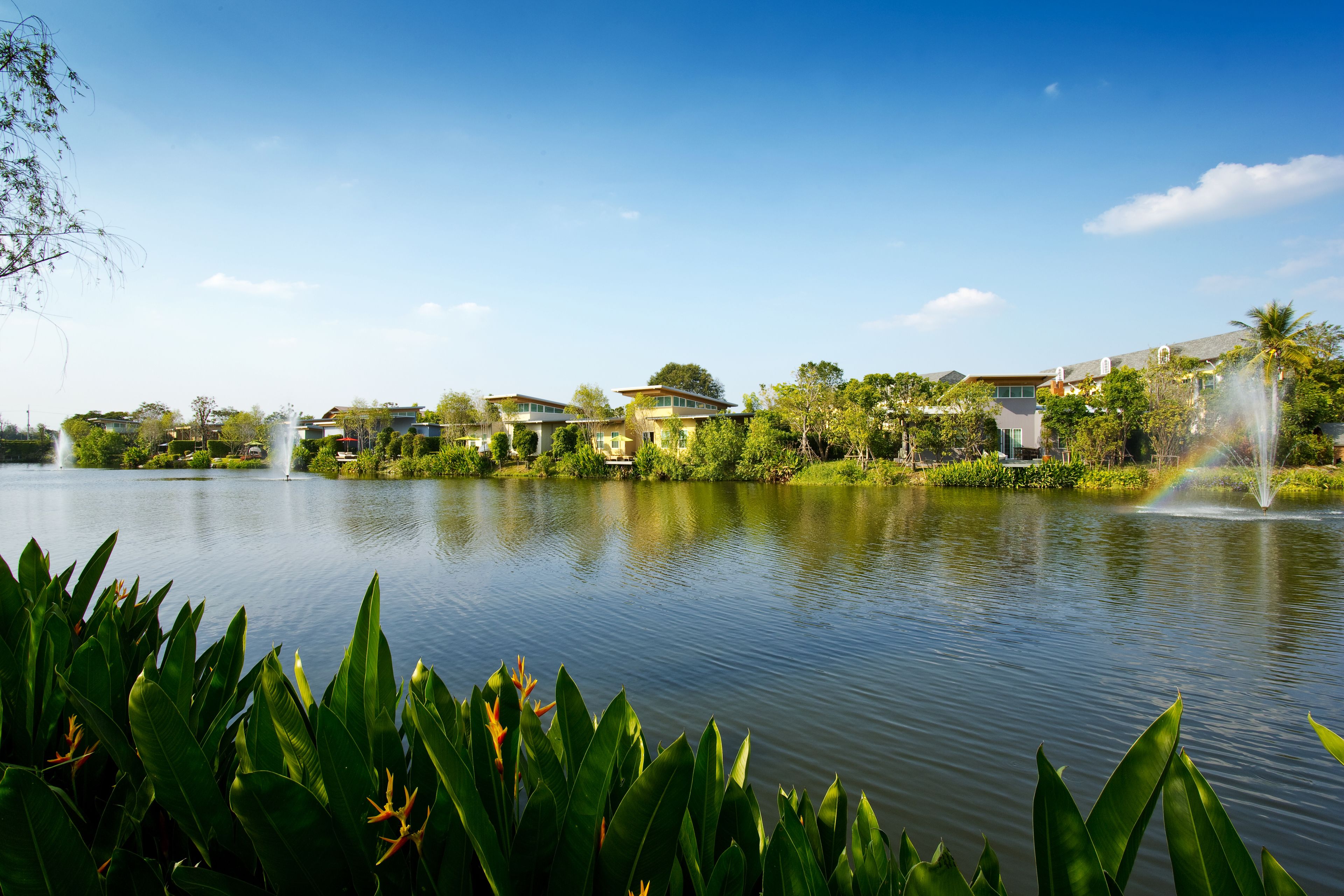 A lake with fountains and houses in the background.