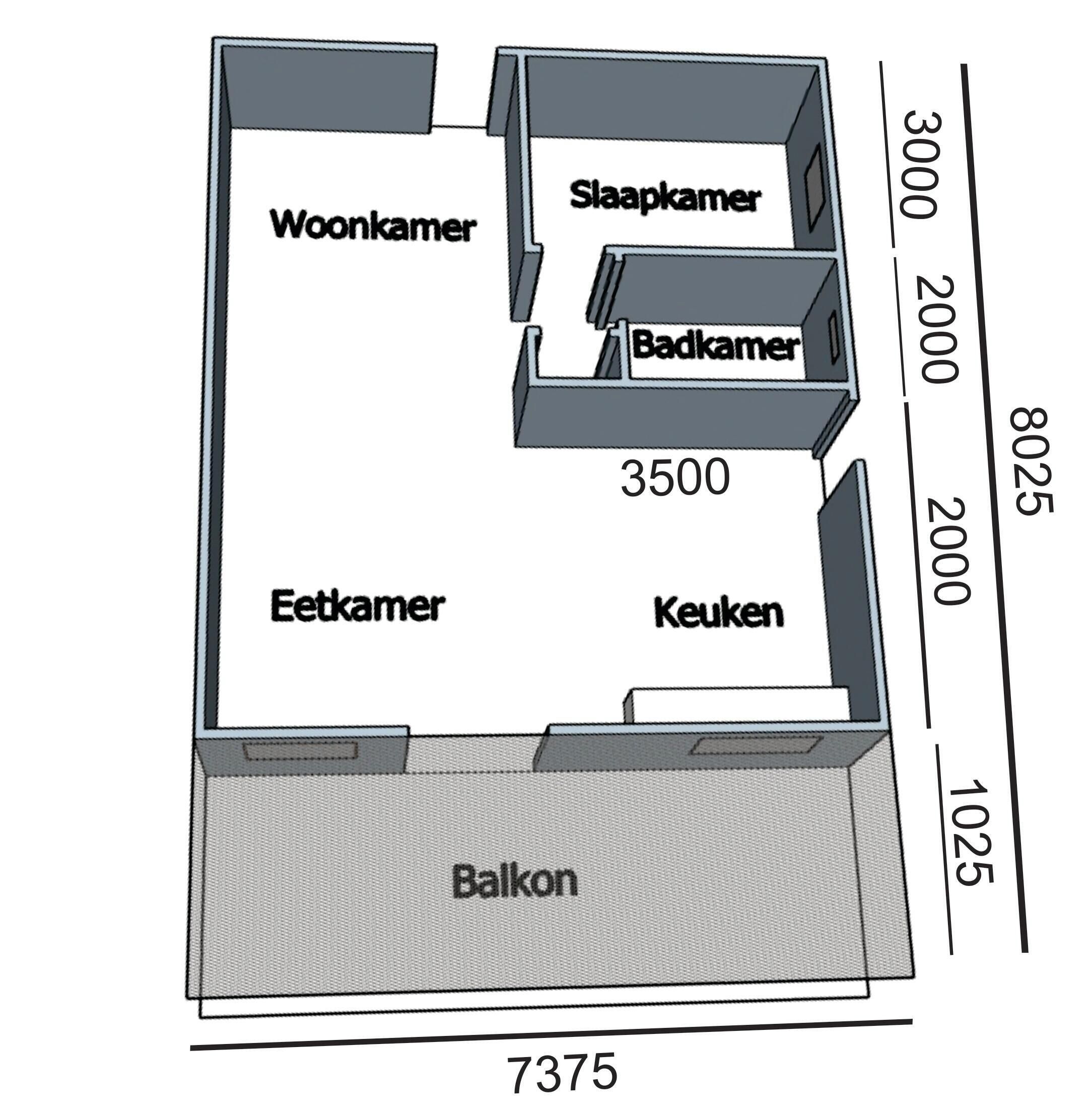 A floor plan of a hotel with a balcony, three rooms (Woonkamer, Slaapkamer, and Backkamer), and a Keuken.