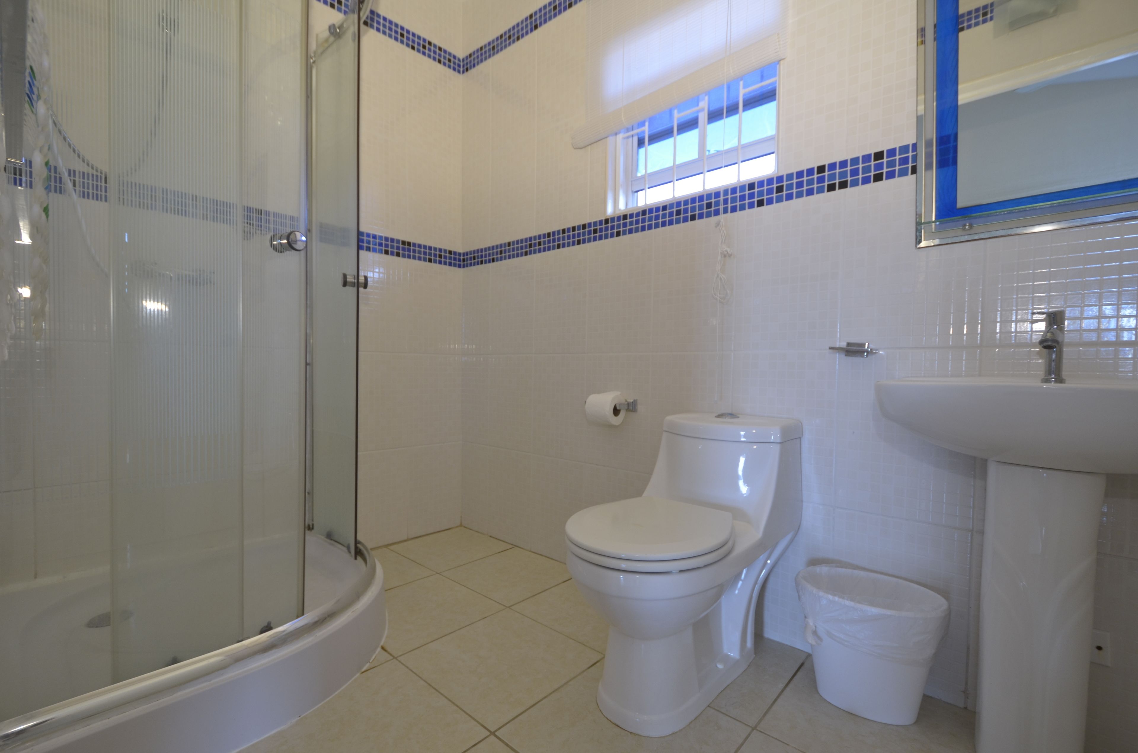 Un baño con ducha de vidrio, inodoro y lavabo.
