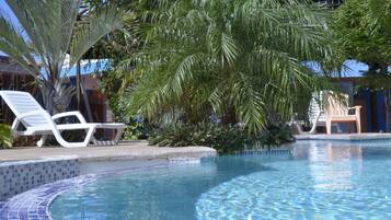Relax by the serene pool surrounded by lush greenery and palm trees.