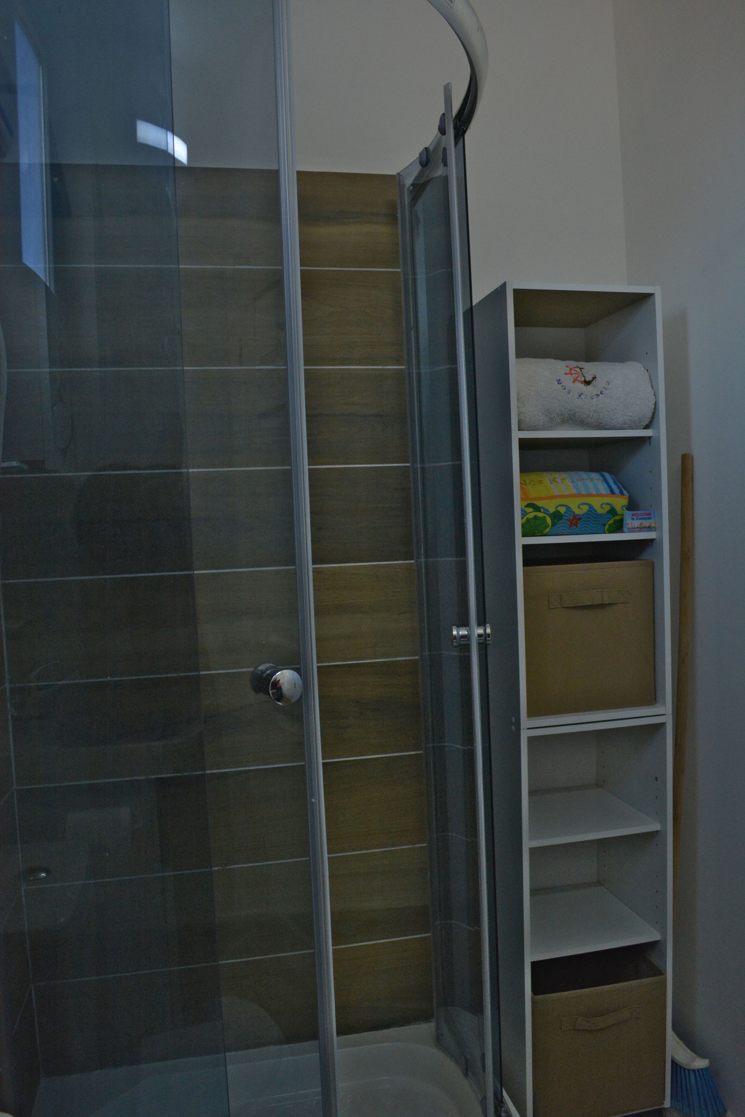 Un baño con cabina de ducha de vidrio, tocador de madera y unidad de almacenamiento con estantes y cajones.
