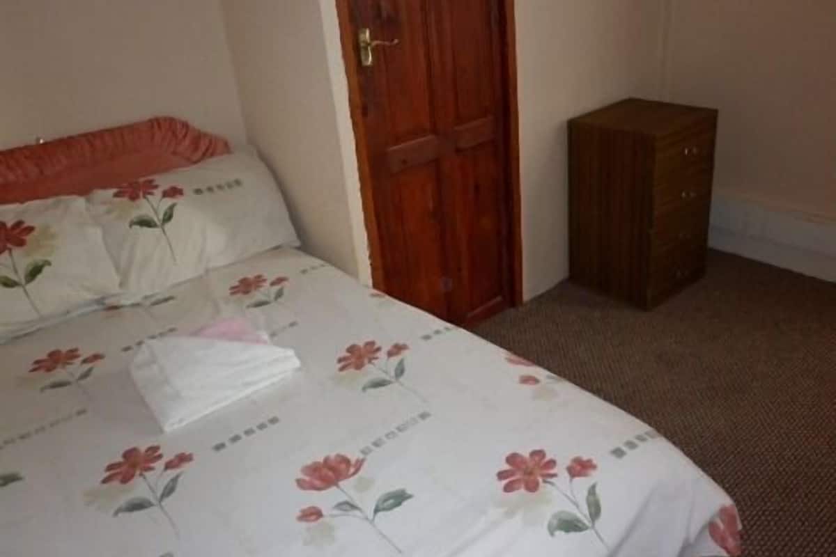 Un dormitorio con una cama, una puerta de madera y un pequeño armario de madera.