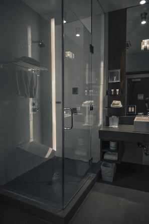 Shower, rainfall showerhead, designer toiletries, hair dryer