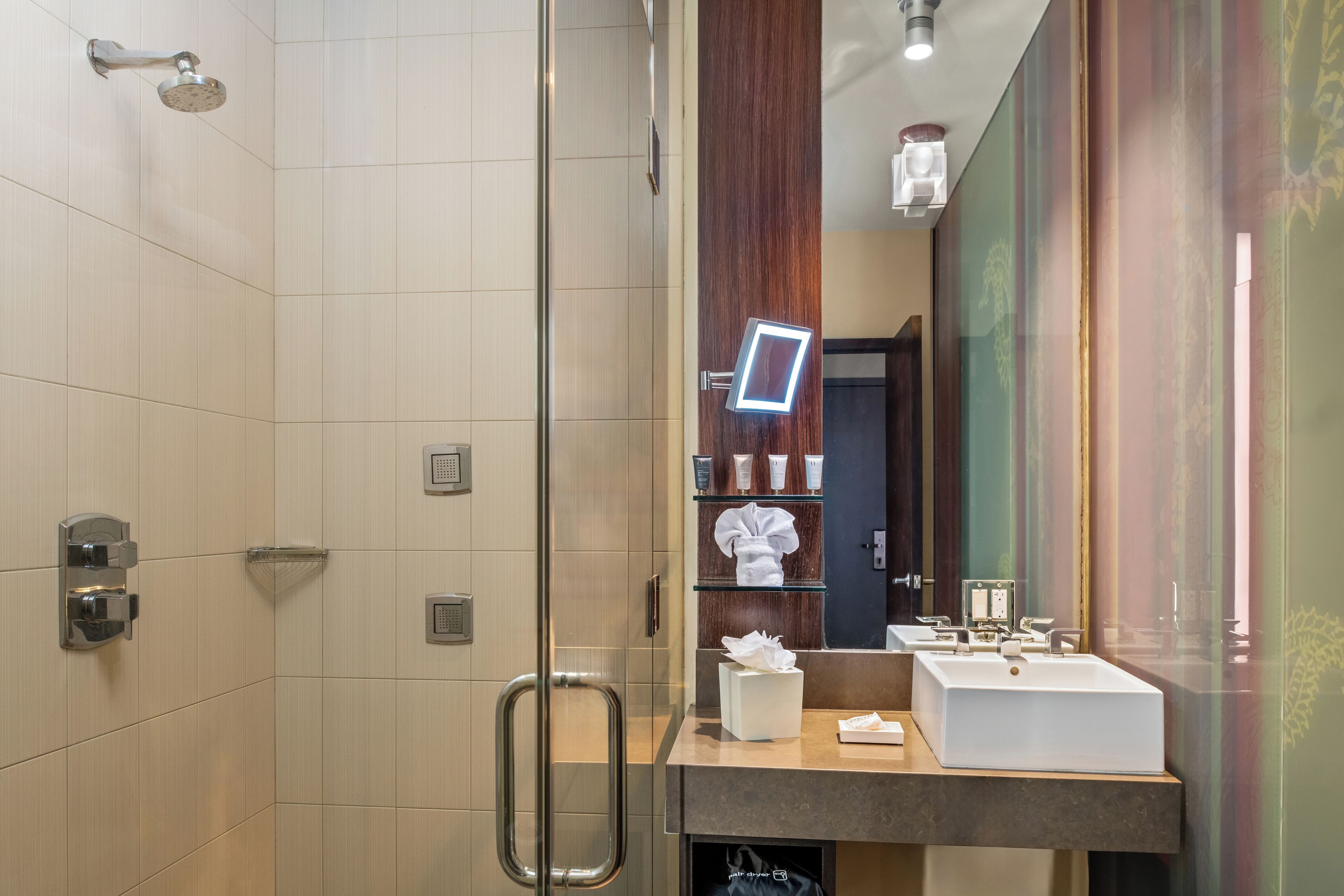 A modern bathroom with a glass shower enclosure, a vanity with a large mirror, and a wooden panel accent.