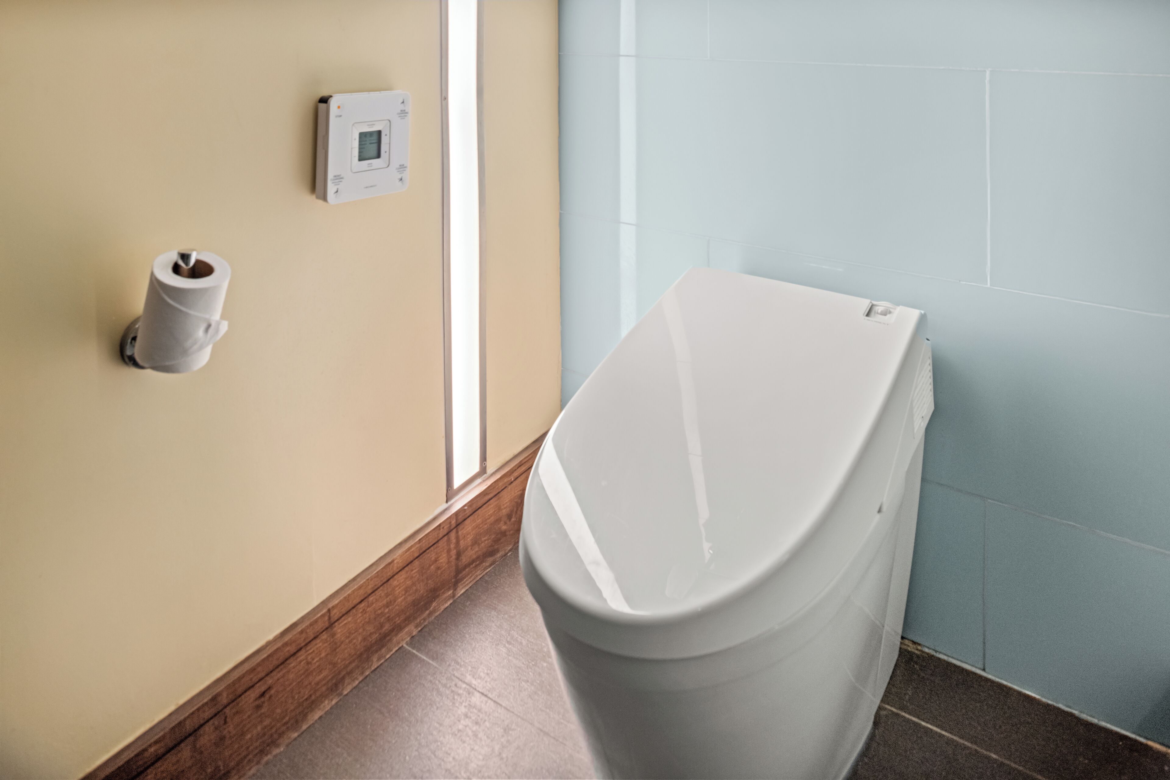 Une salle de bain comprenant des toilettes, un bidet fixé au mur et un panneau de commande.