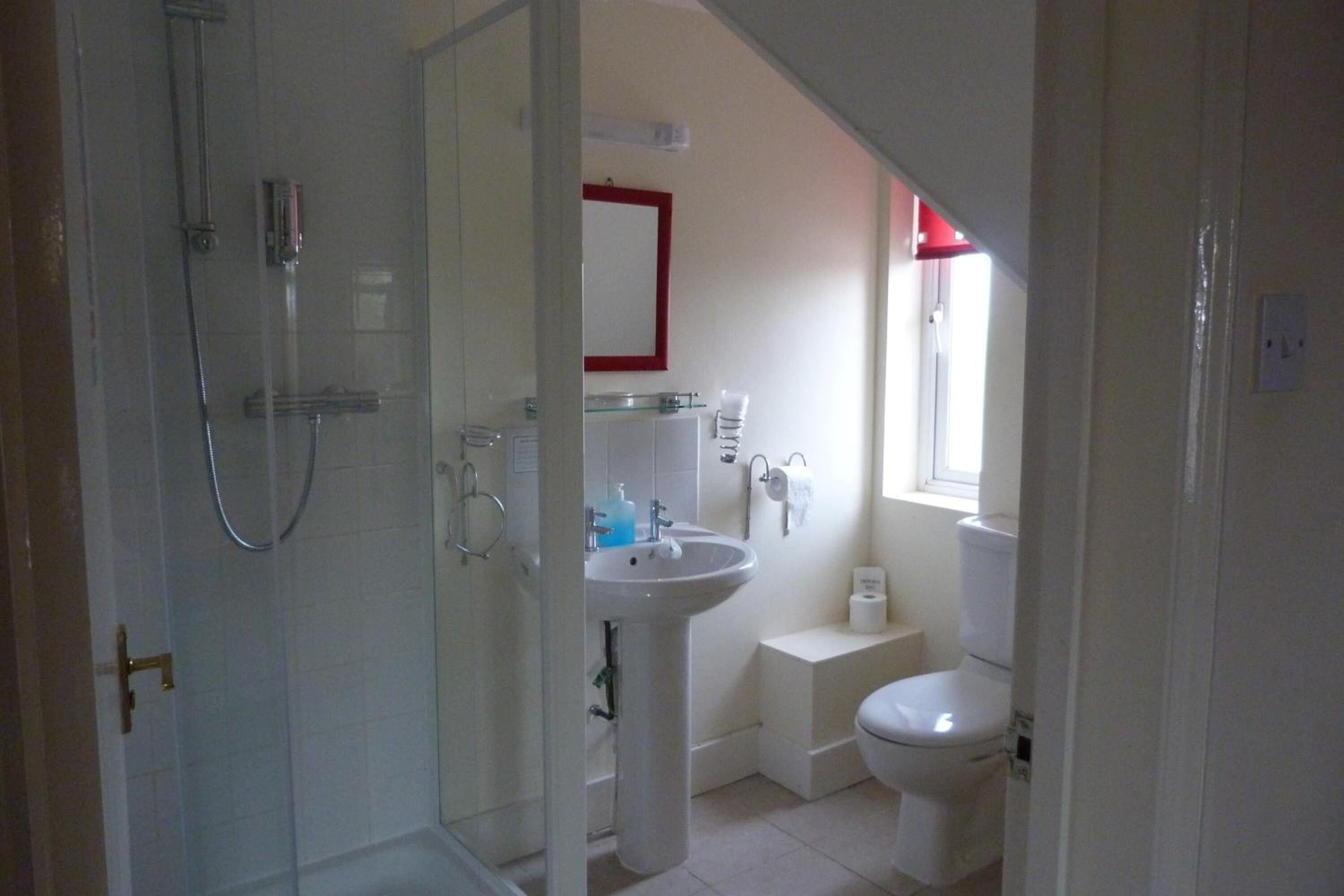 Een badkamer met douche, wastafel en toilet.
