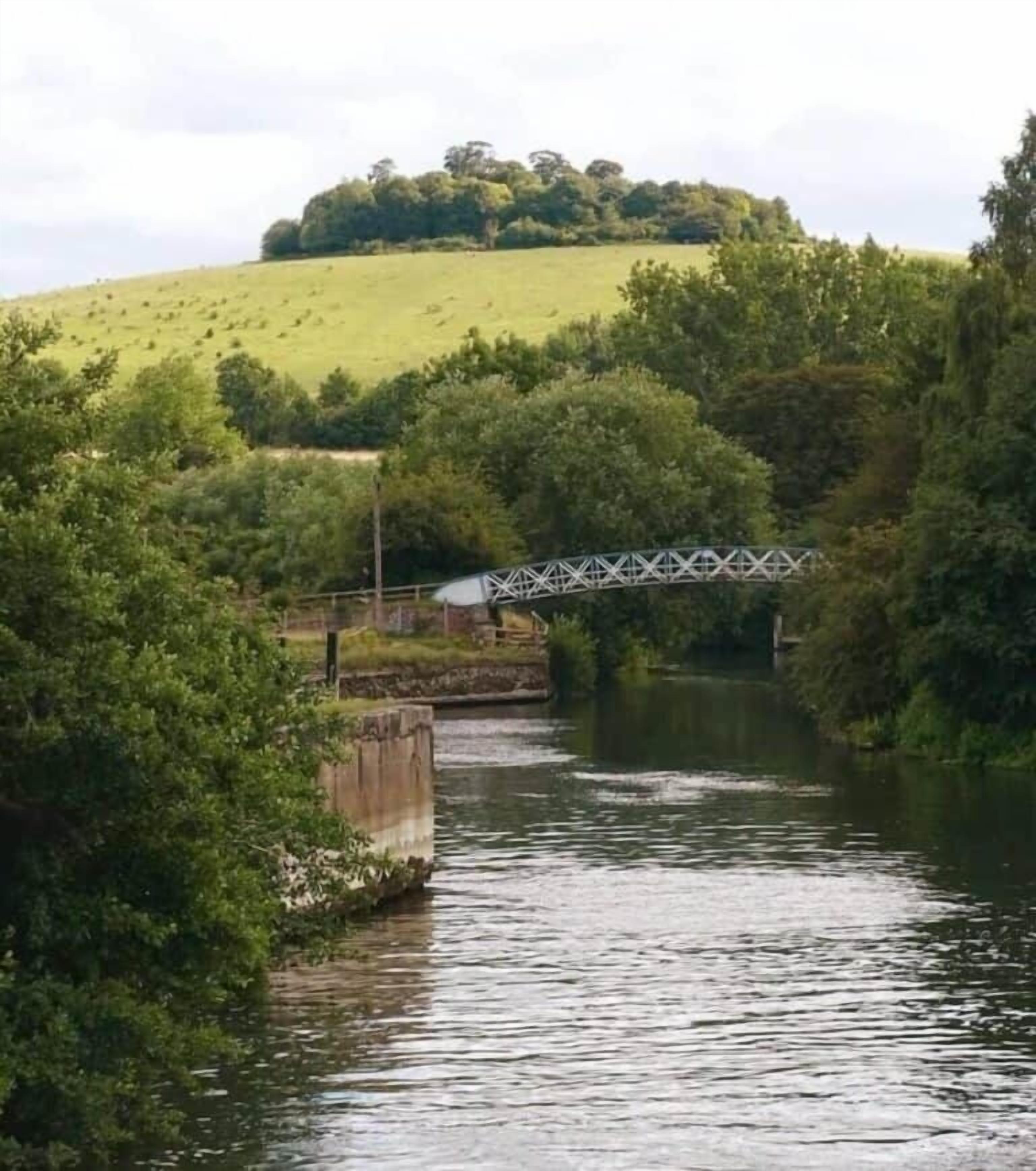 A river with a metal bridge and a grassy hill in the background.