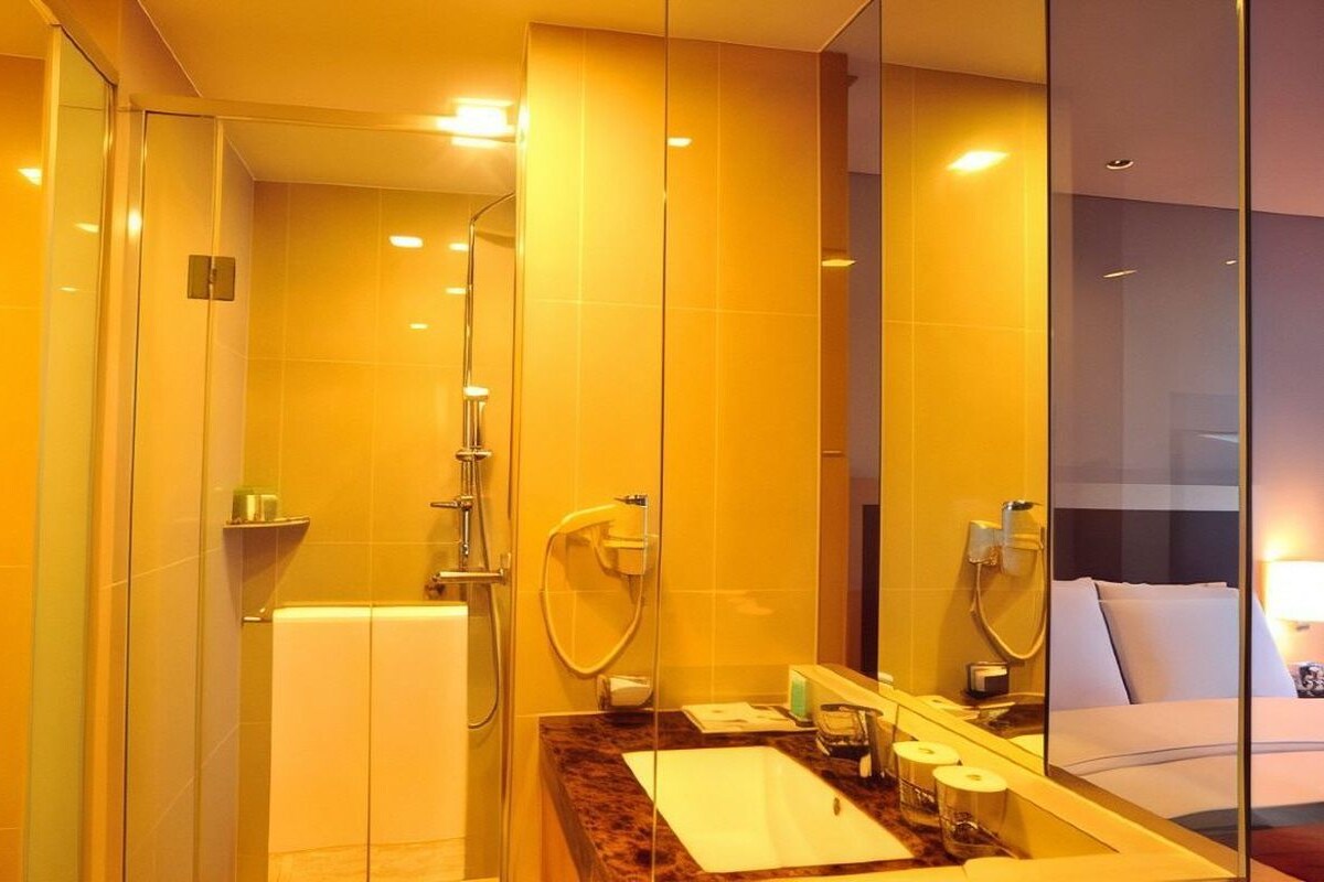 Casa de banho de hotel com cabine de chuveiro em vidro, lavatório com artigos de higiene e espelho a refletir uma cama.