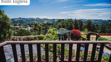 A view from a balcony with a wooden railing, overlooking a landscaped garden with a gazebo and red flowers.