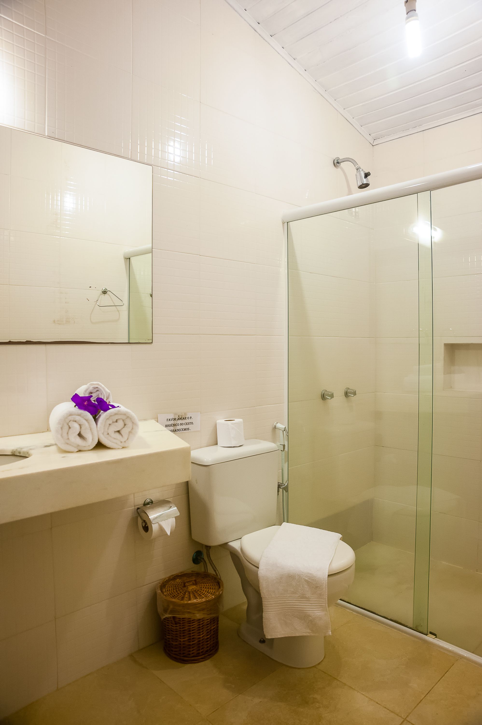 A bathroom with a toilet, a glass-enclosed shower, a sink with a mirror, and a basket.