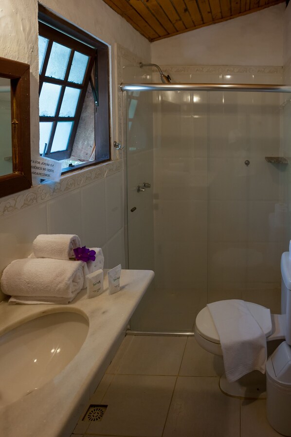 A bathroom with a large sink, a toilet, and a glass-enclosed shower.