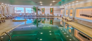 2 indoor pools, seasonal outdoor pool, open 8 AM to 8 PM, pool umbrellas