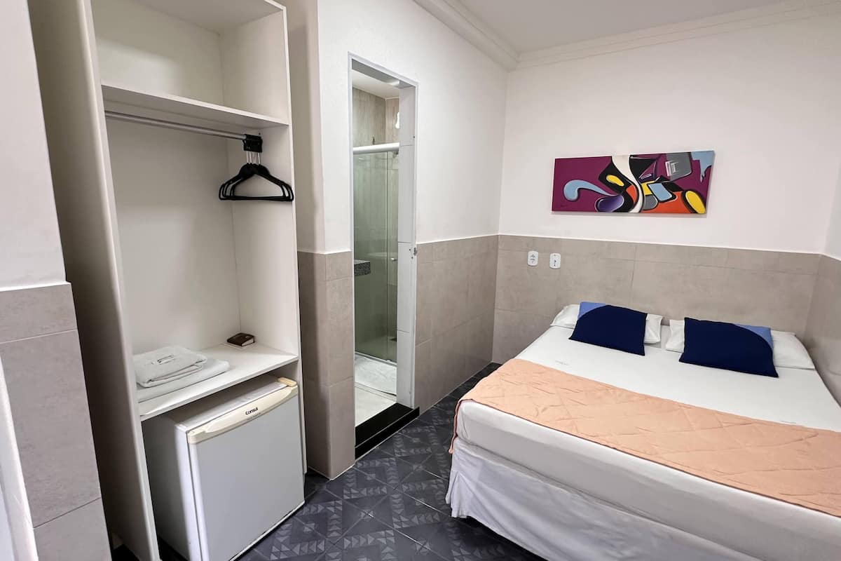 A compact hotel room with a bed, a small desk, a walk-in closet, and a shower.