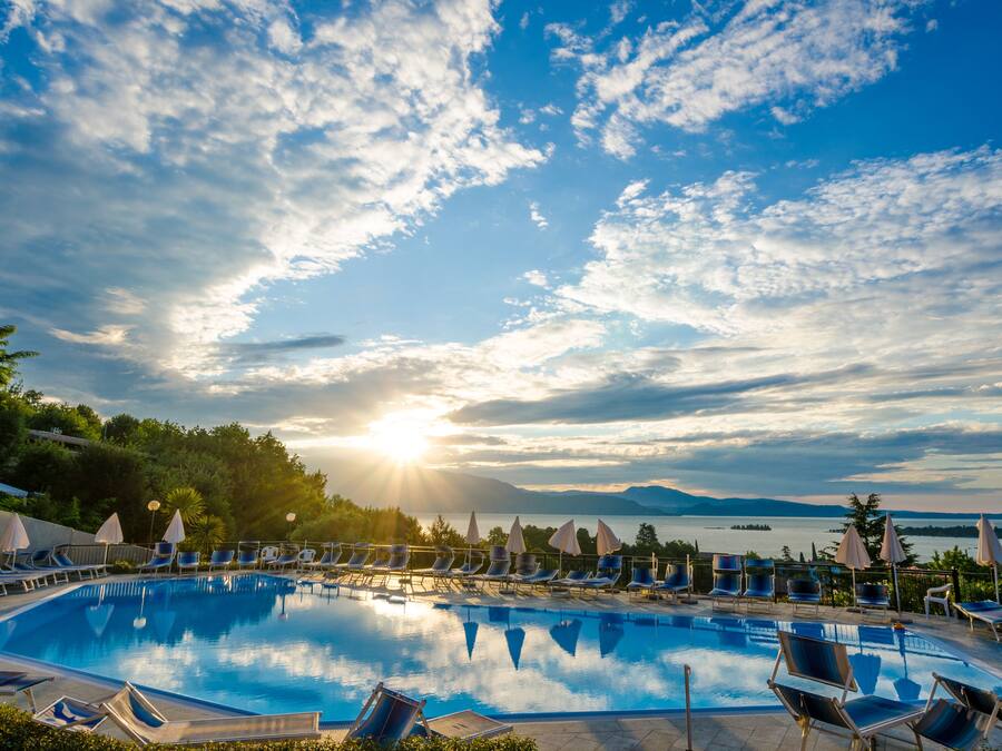 Outdoor pool, pool umbrellas, pool loungers