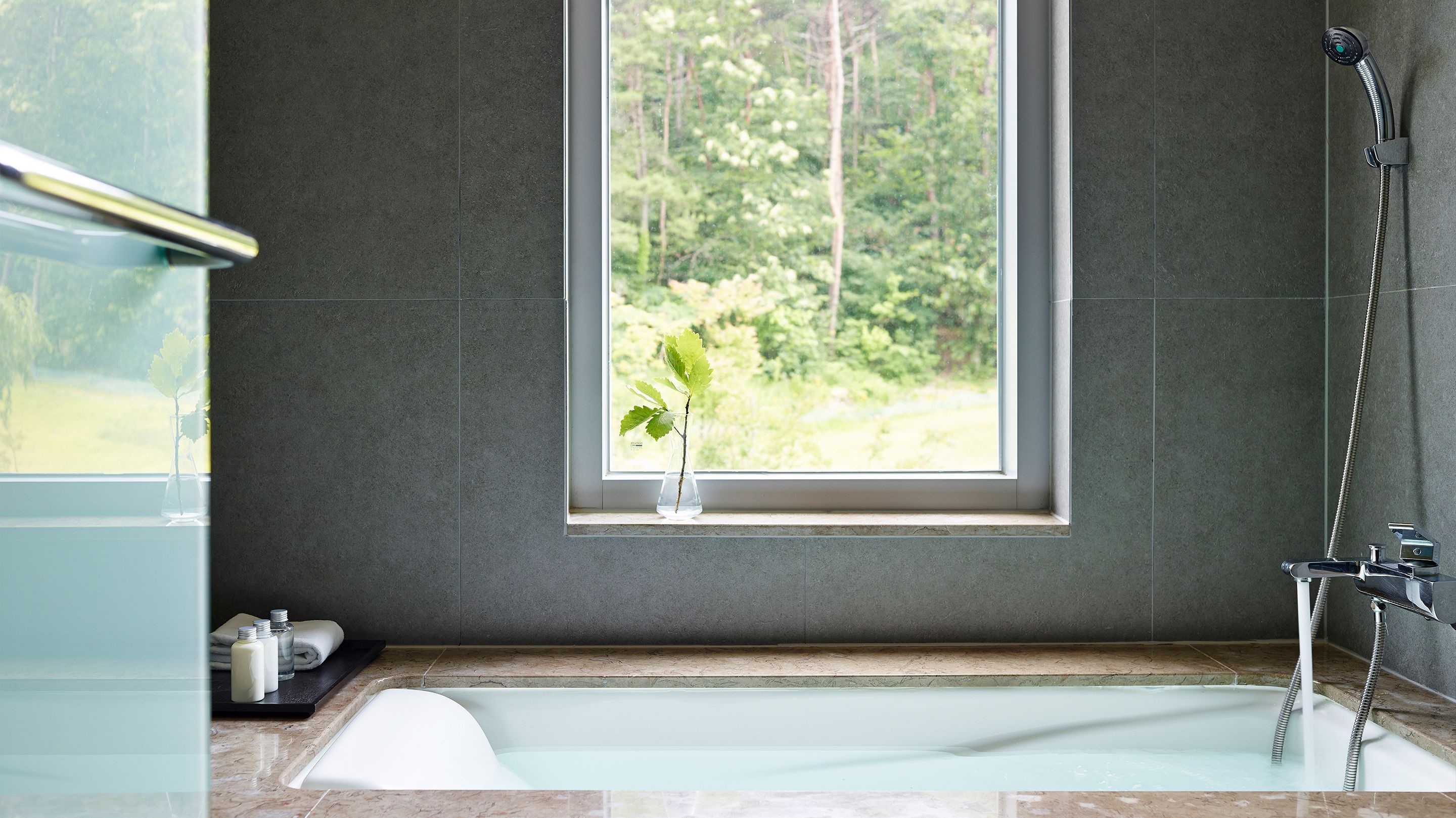 A modern bathroom with a bathtub, a window with a view of greenery, and a shower.