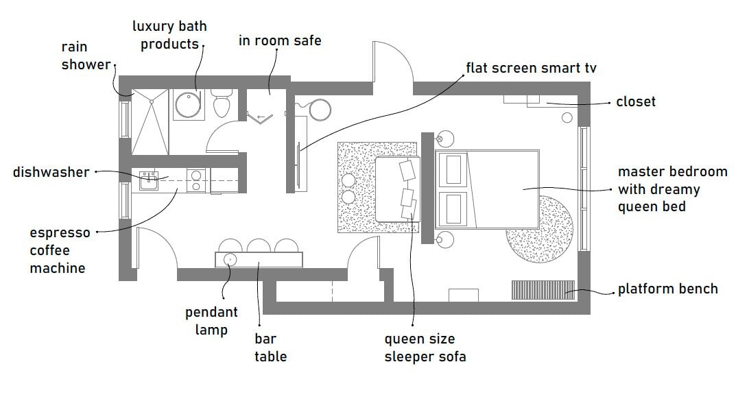 Ein Hotelzimmer mit Grundriss, das ein Schlafzimmer, ein privates Badezimmer, eine Küchenzeile und eine erhöhte Sitzbank zeigt.