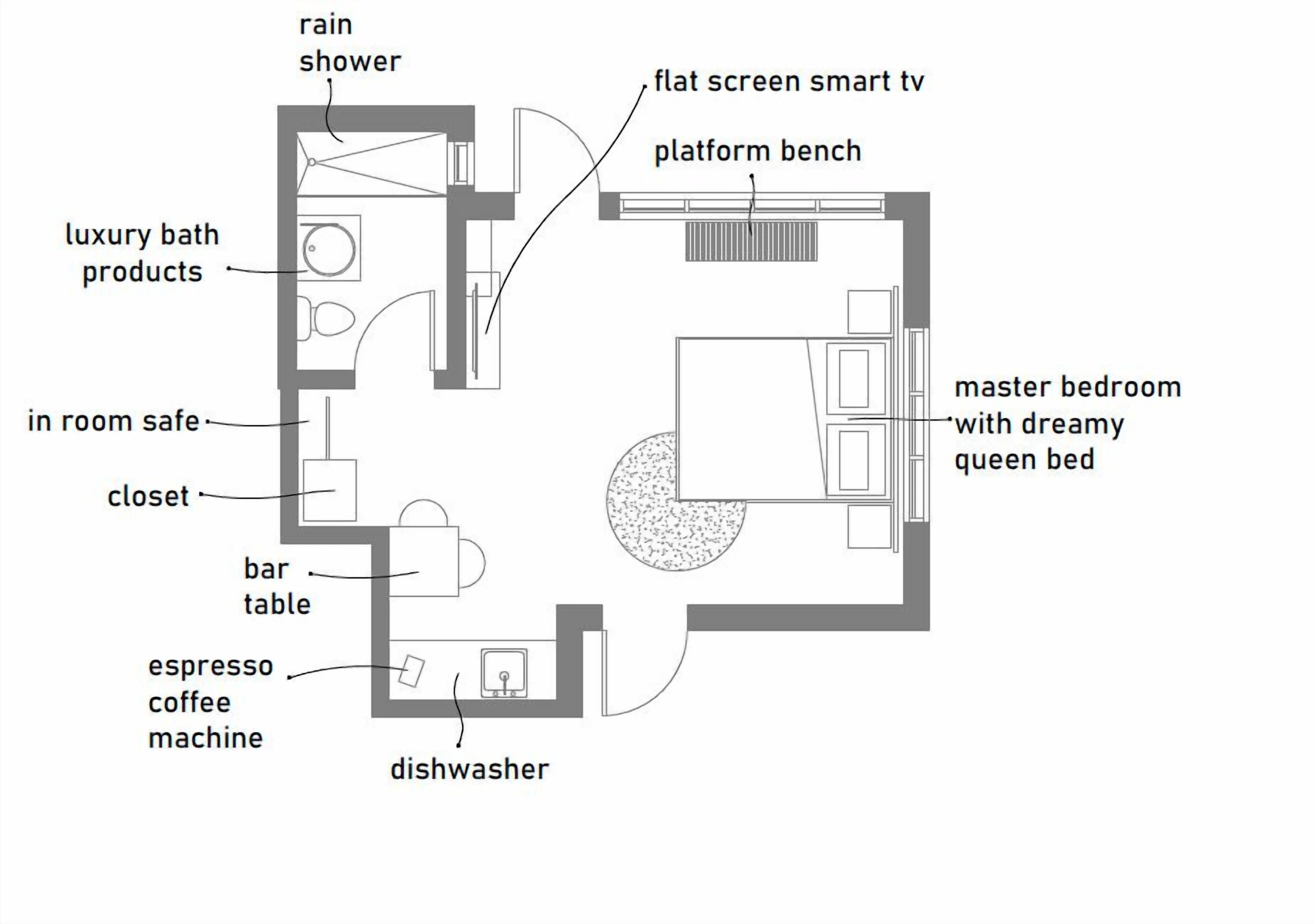 A floor plan of a hotel room with a master bedroom, a balcony, a bathroom with luxury bath products, an in-room safe, a closet, a bar table, an espresso coffee machine, a dishwasher, a rain shower, and a flat screen smart TV.