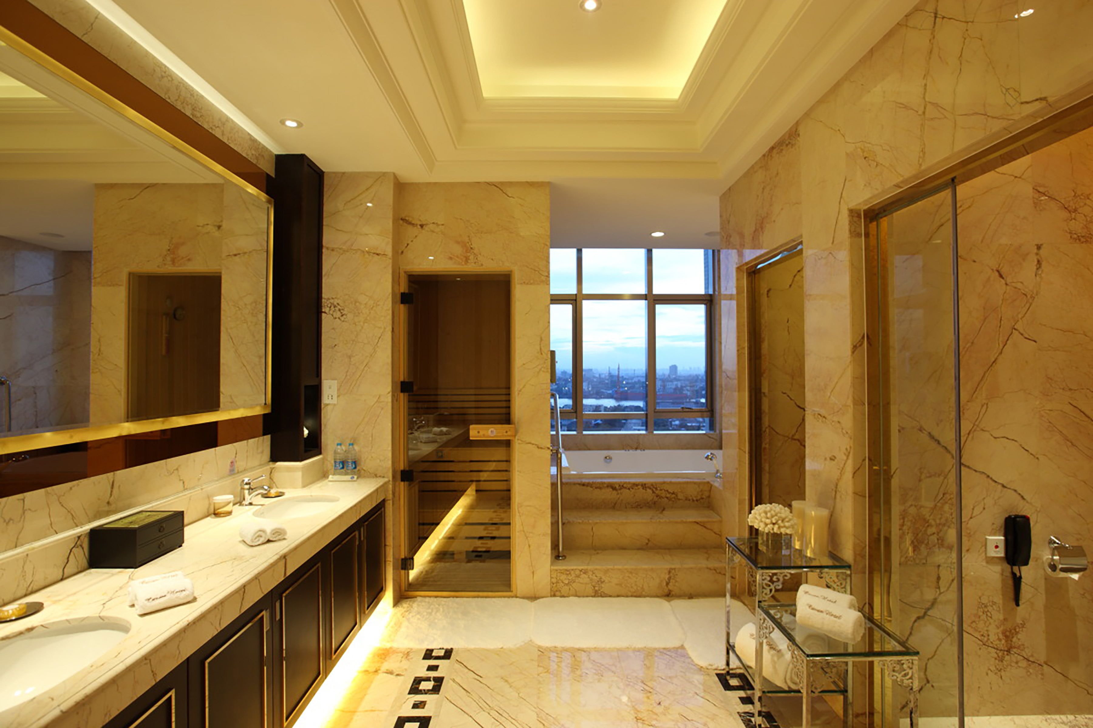 combined shower/bathtub, free toiletries, hair dryer, bathrobes