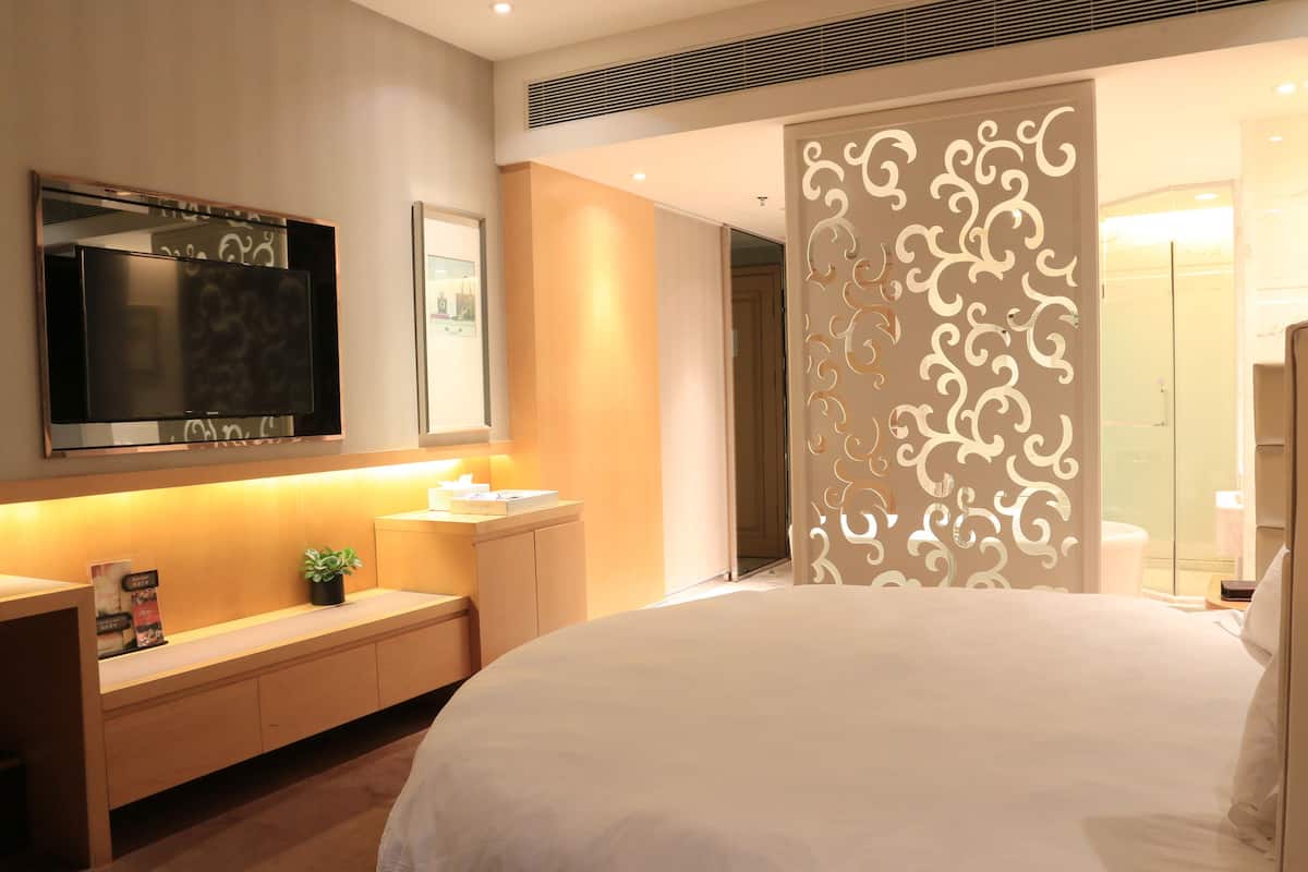 A modern hotel room with a large bed, a flat-screen TV mounted on the wall, a bedside table with a lamp, and a decorative partition.