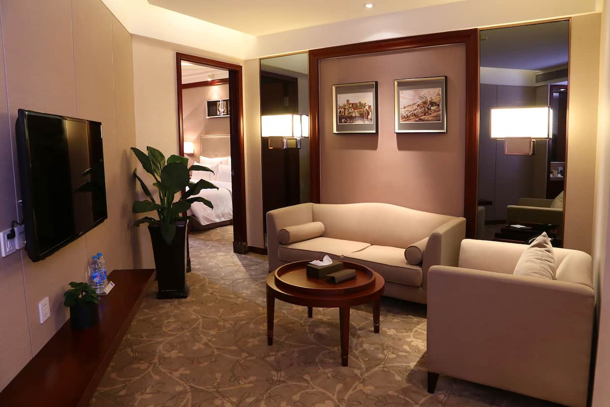A hotel room with a sofa, armchair, and a small table with a tissue box. There is a TV mounted on the wall and a potted plant.