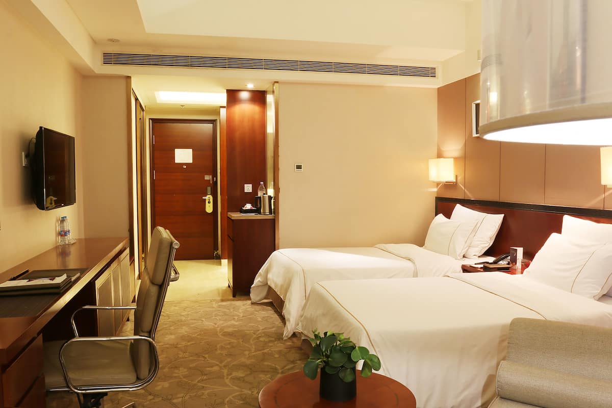 A hotel room with two beds, a desk, a chair, a TV, a lamp, and a plant.