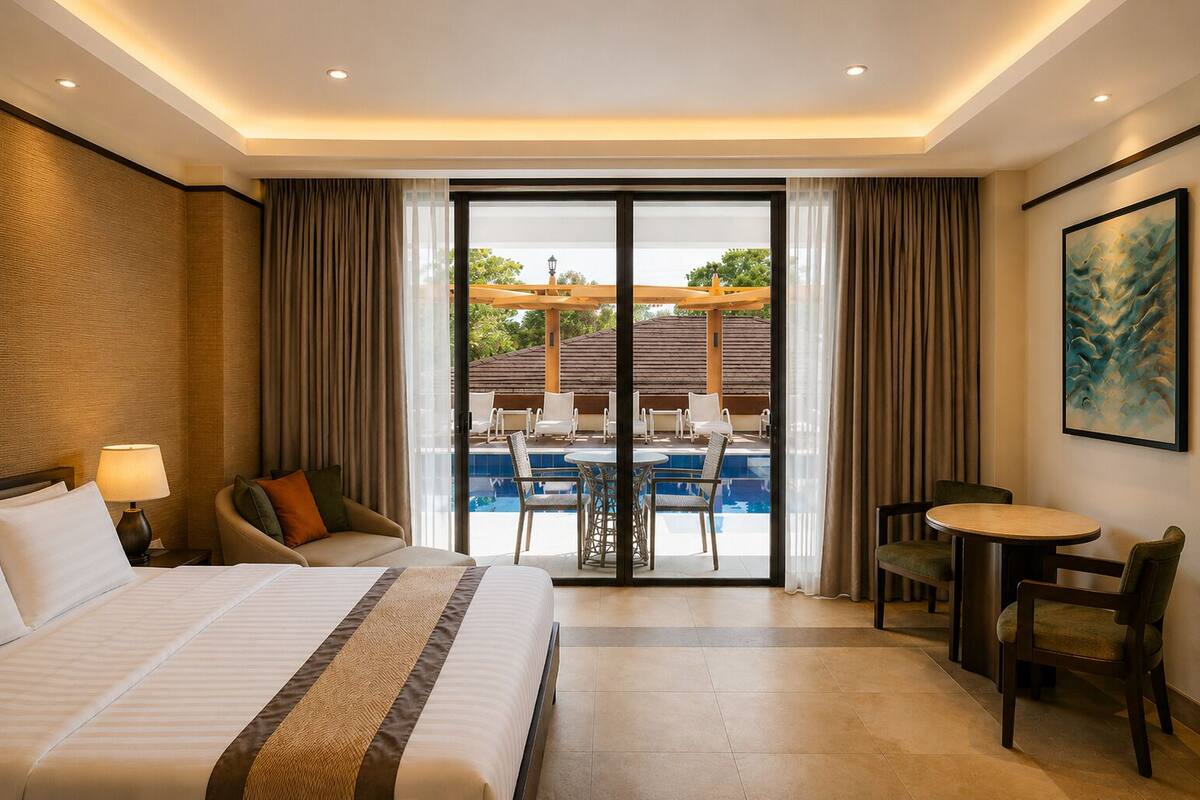 Premier Room, 1 Bedroom, Pool Access | Premium bedding, in-room safe, desk, laptop workspace