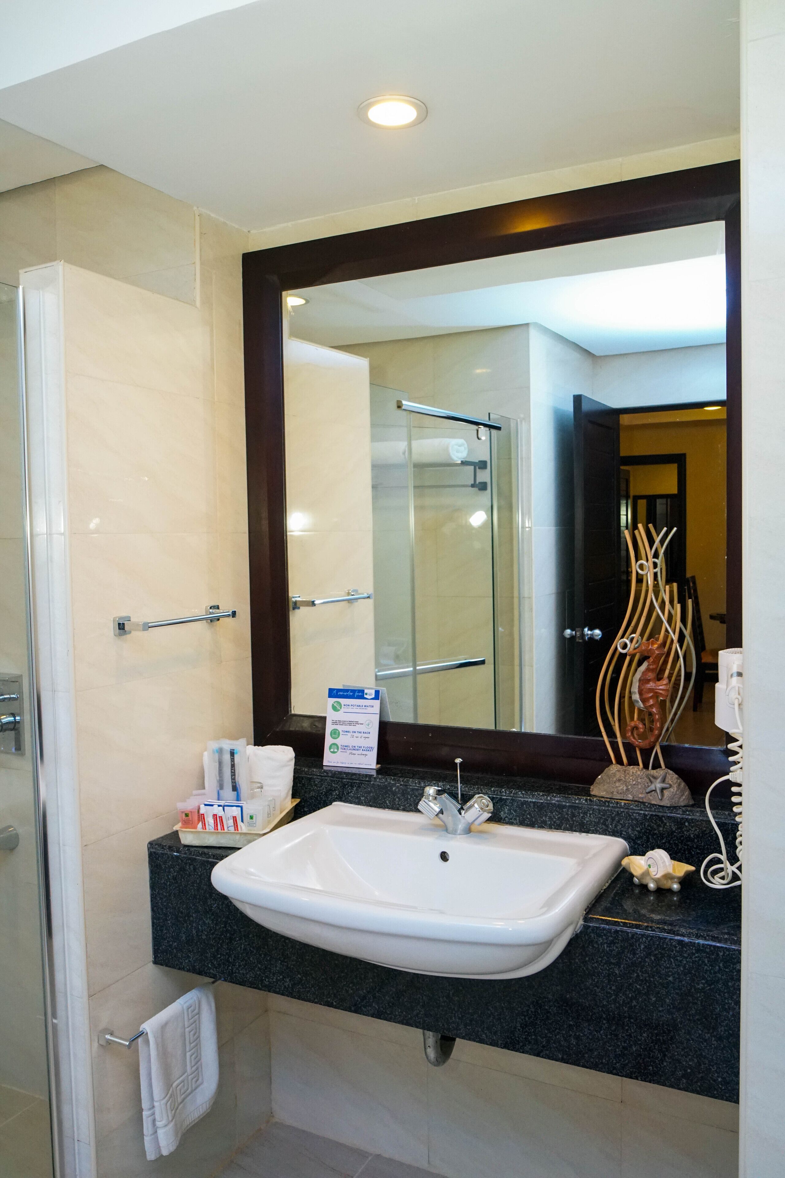 shower, hydromassage showerhead, free toiletries, hair dryer