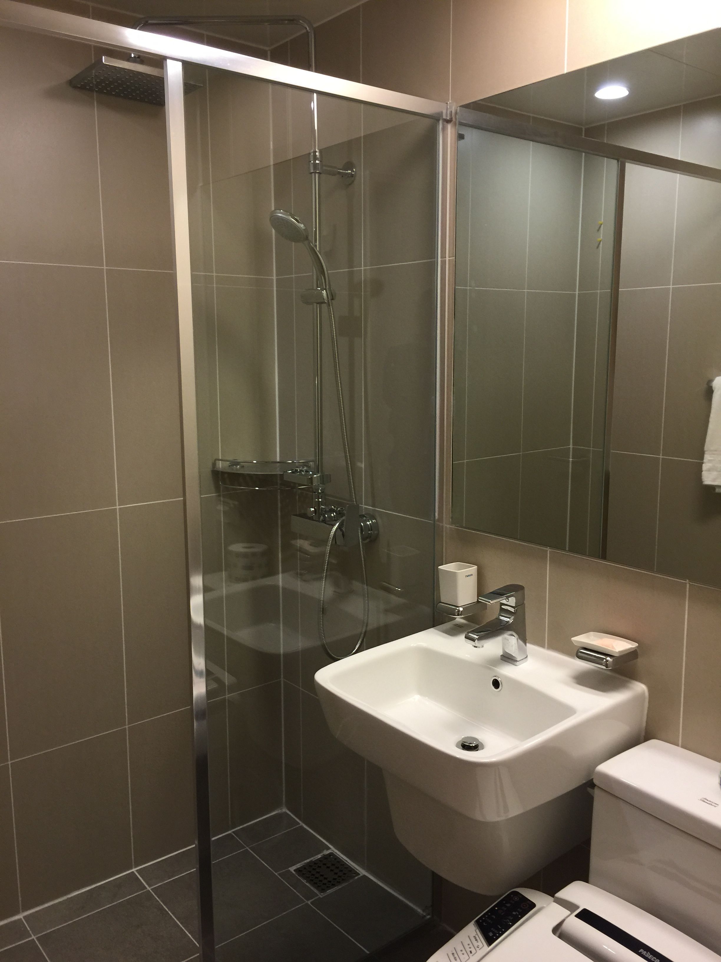 shower, hair dryer, bidet, towels