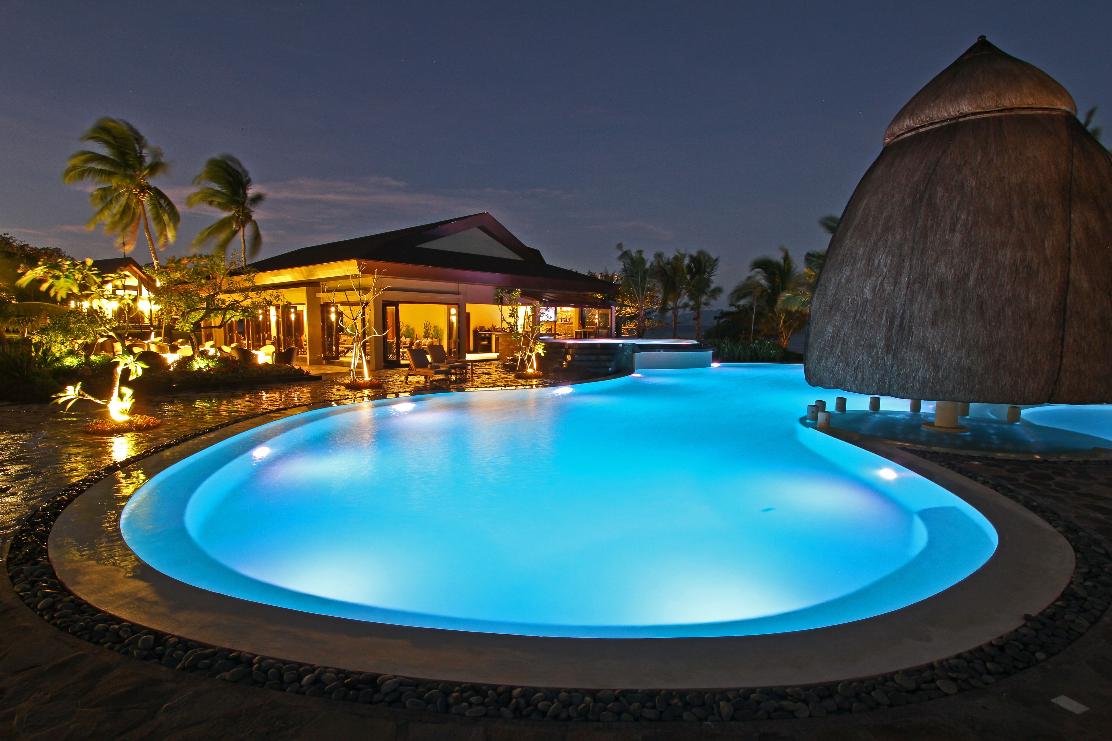 outdoor pool, pool umbrellas, pool loungers