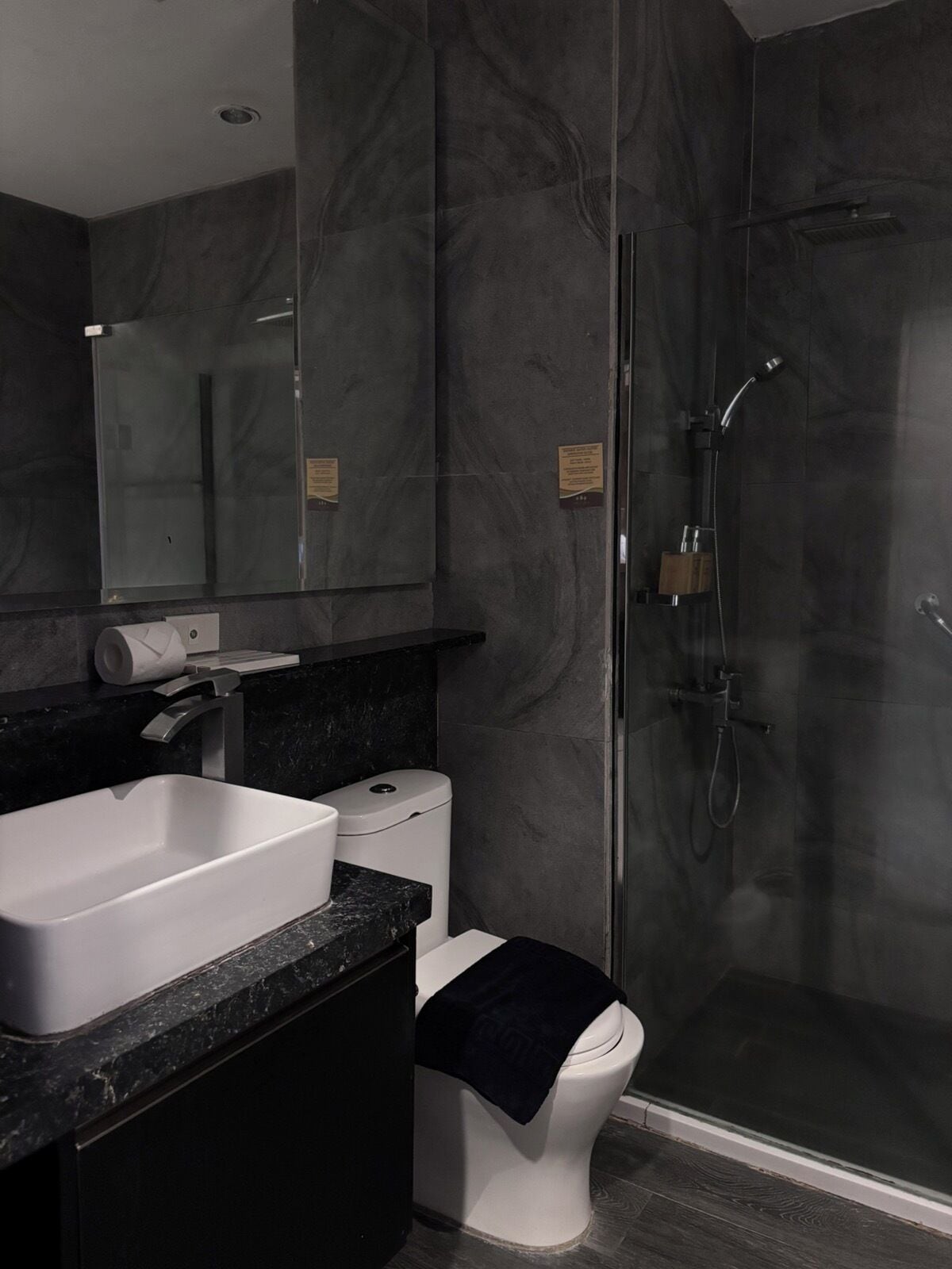 A modern bathroom with a glass-enclosed shower, a white toilet, and a large white sink.