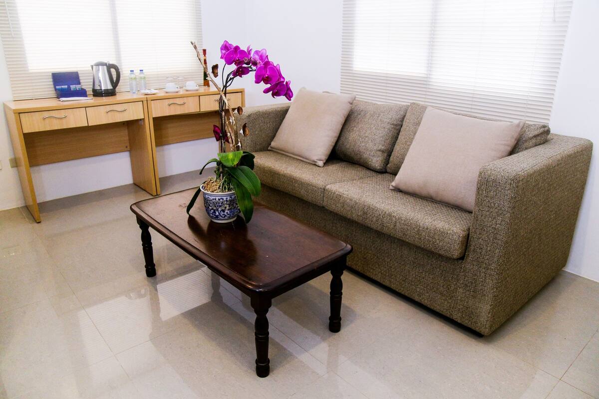 A living room with a sofa, a coffee table, a desk, and a potted plant.