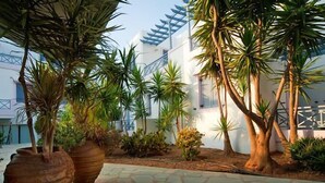 A courtyard with potted plants, a stone pathway, and a white building with blue accents. - Cybele Suites & Apartments (Ierapetra)