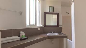 A bathroom with a window, a sink, a mirror, and a towel rack.