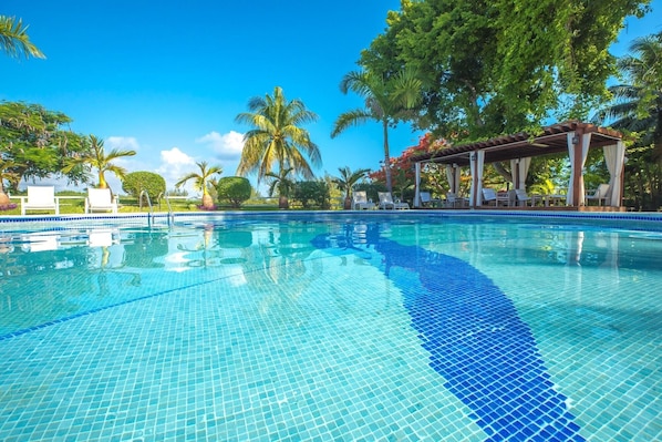 Outdoor pool, pool umbrellas, pool loungers