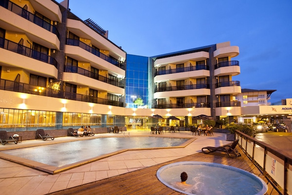 Outdoor pool, pool umbrellas, pool loungers