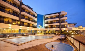 Outdoor pool, pool umbrellas, pool loungers