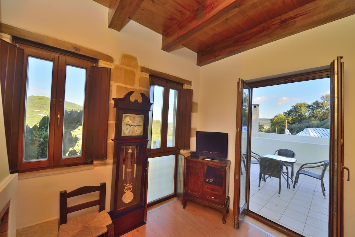 A room with a wooden ceiling, a large window with curtains, a wall clock, a television on a cabinet, and a balcony with outdoor furniture.