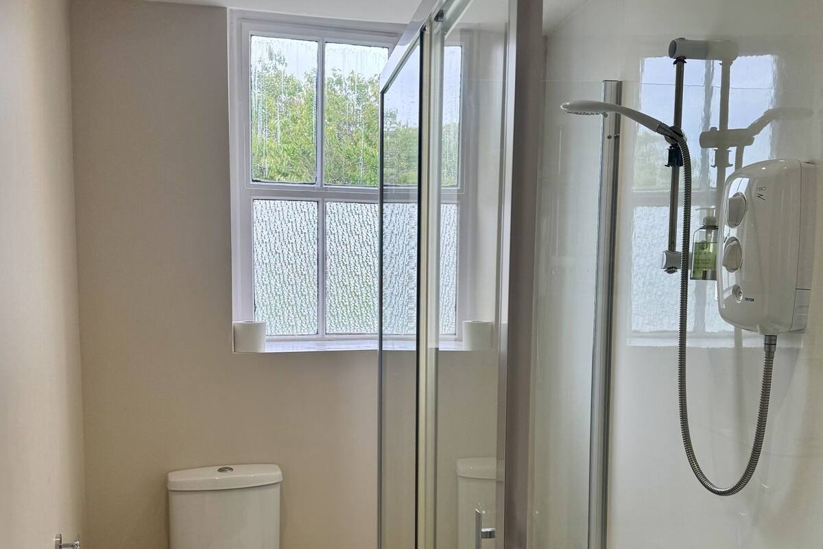 A modern bathroom with a glass-enclosed shower, a toilet, and a window providing natural light.