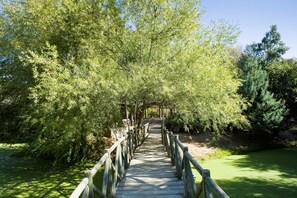 Un puente de madera con barandillas, rodeado de follaje verde y árboles.