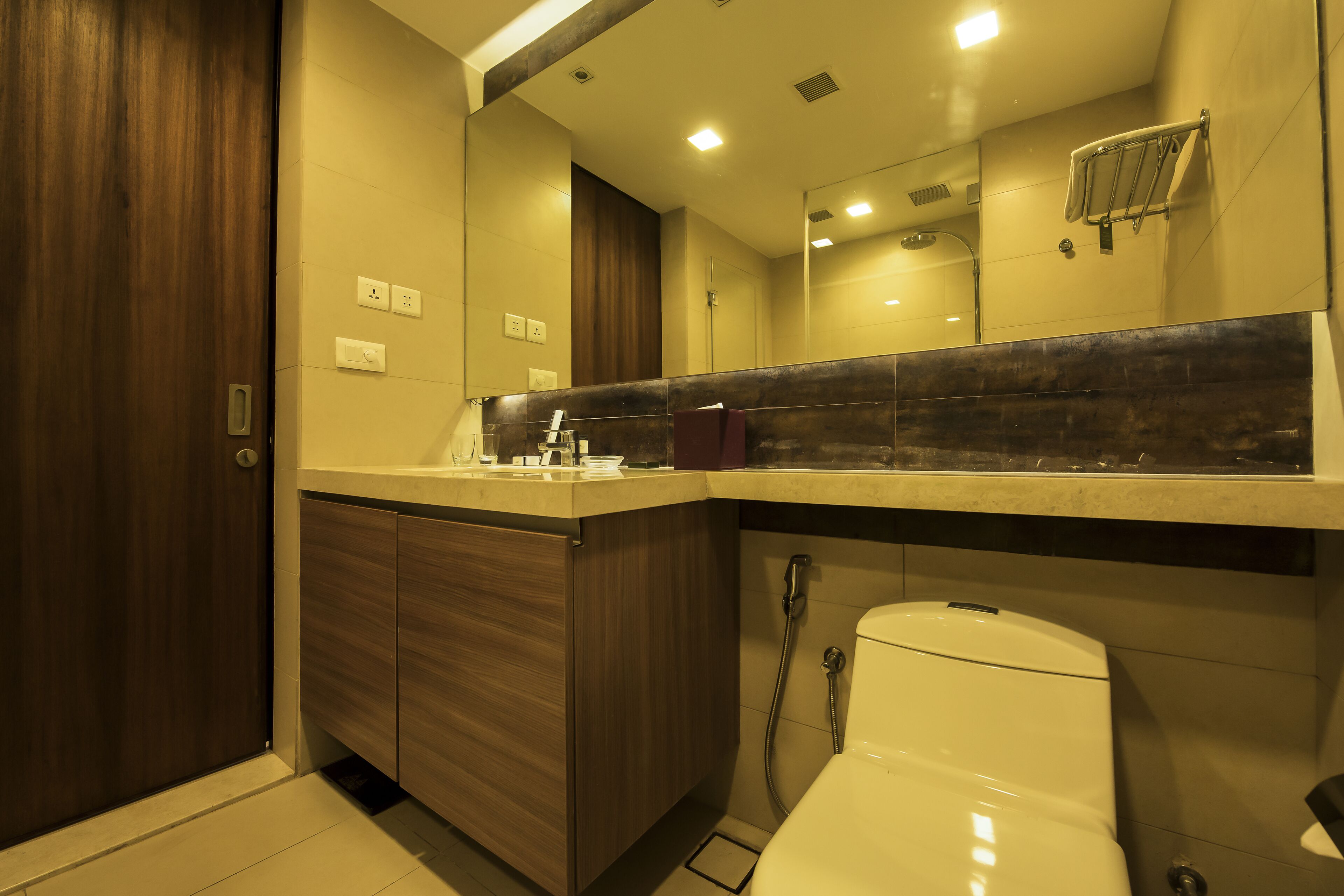 shower, designer toiletries, hair dryer, bathrobes