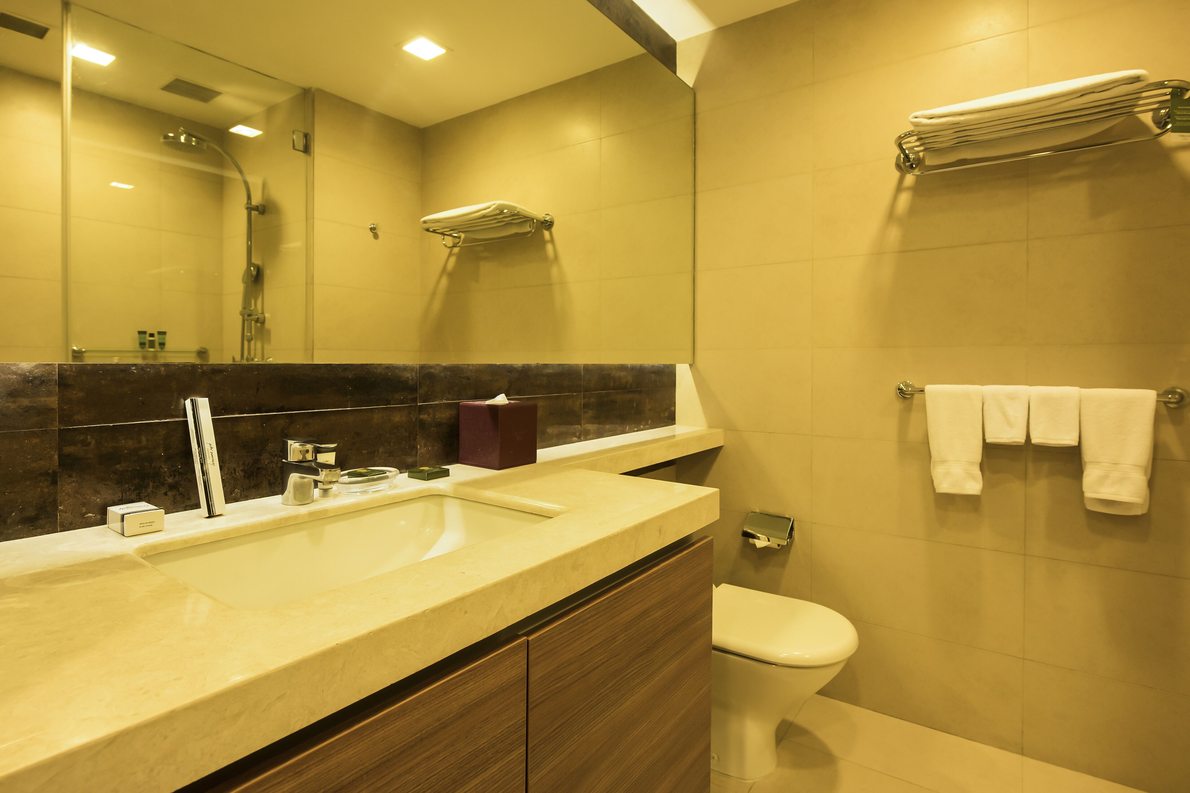 A modern bathroom with a sink, mirror, and toilet.