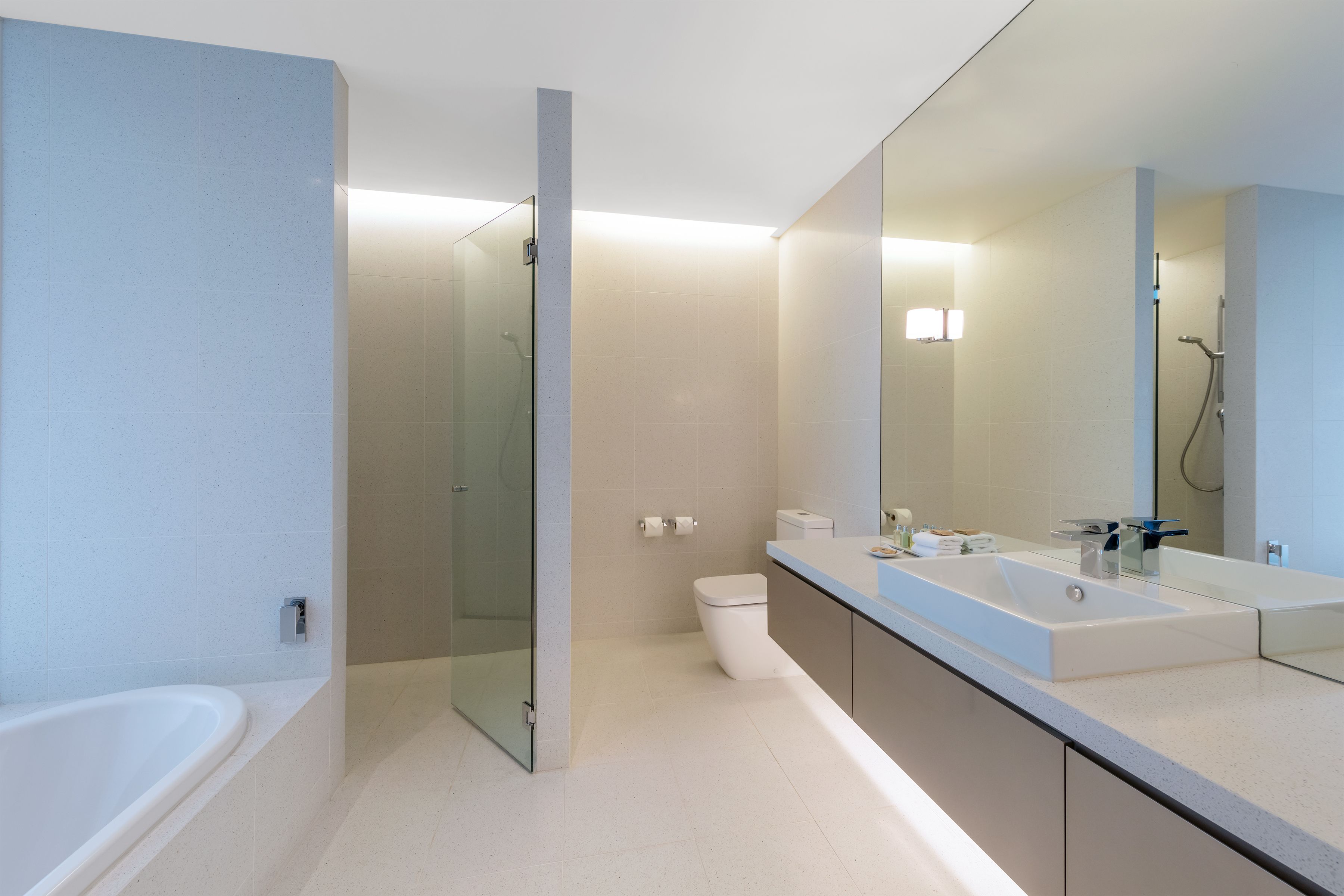 separate bathtub and shower, free toiletries, hair dryer, towels