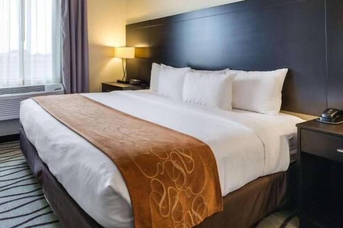 Een hotelkamer met een groot bed, een nachtkastje met lamp, een raam met gordijnen en een donker hoofdeinde.